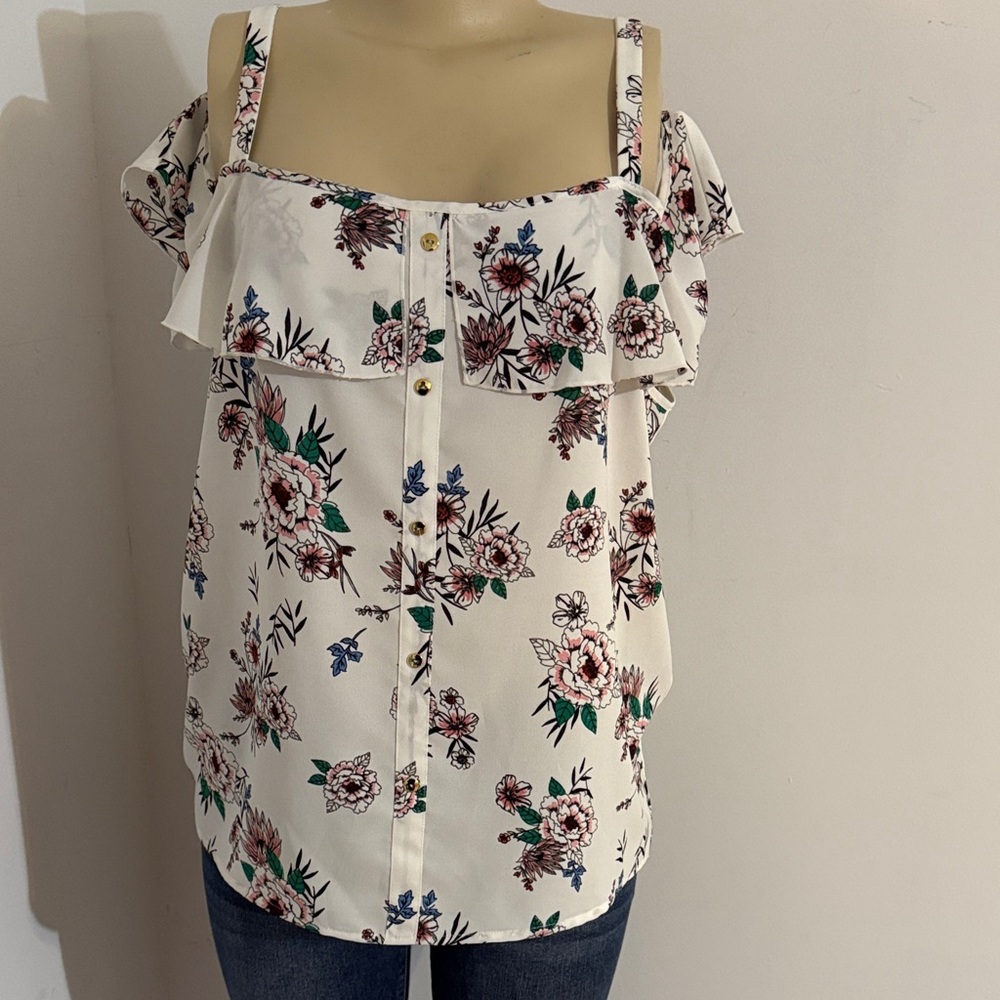 Primark Floral Ruffle Strap Blouse - Cream and Pink